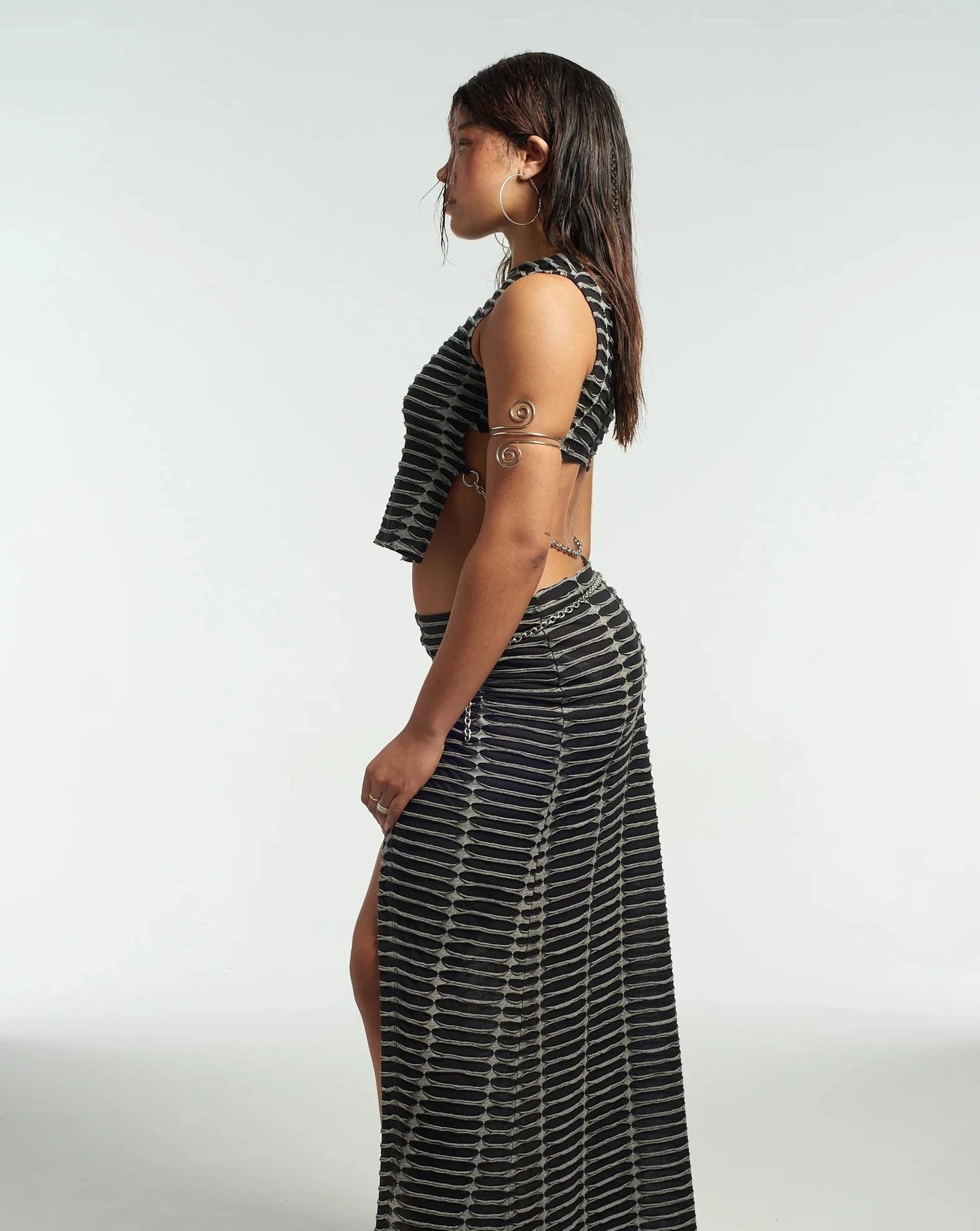 Fracture Top With Chain Ragged Jeans