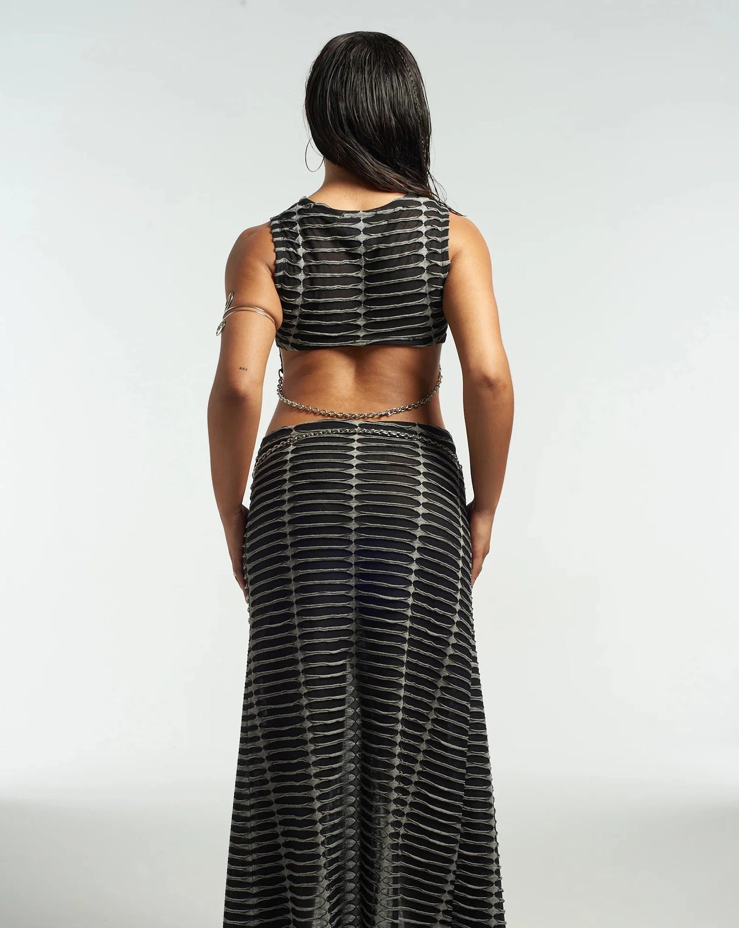 Fracture Top With Chain Ragged Jeans