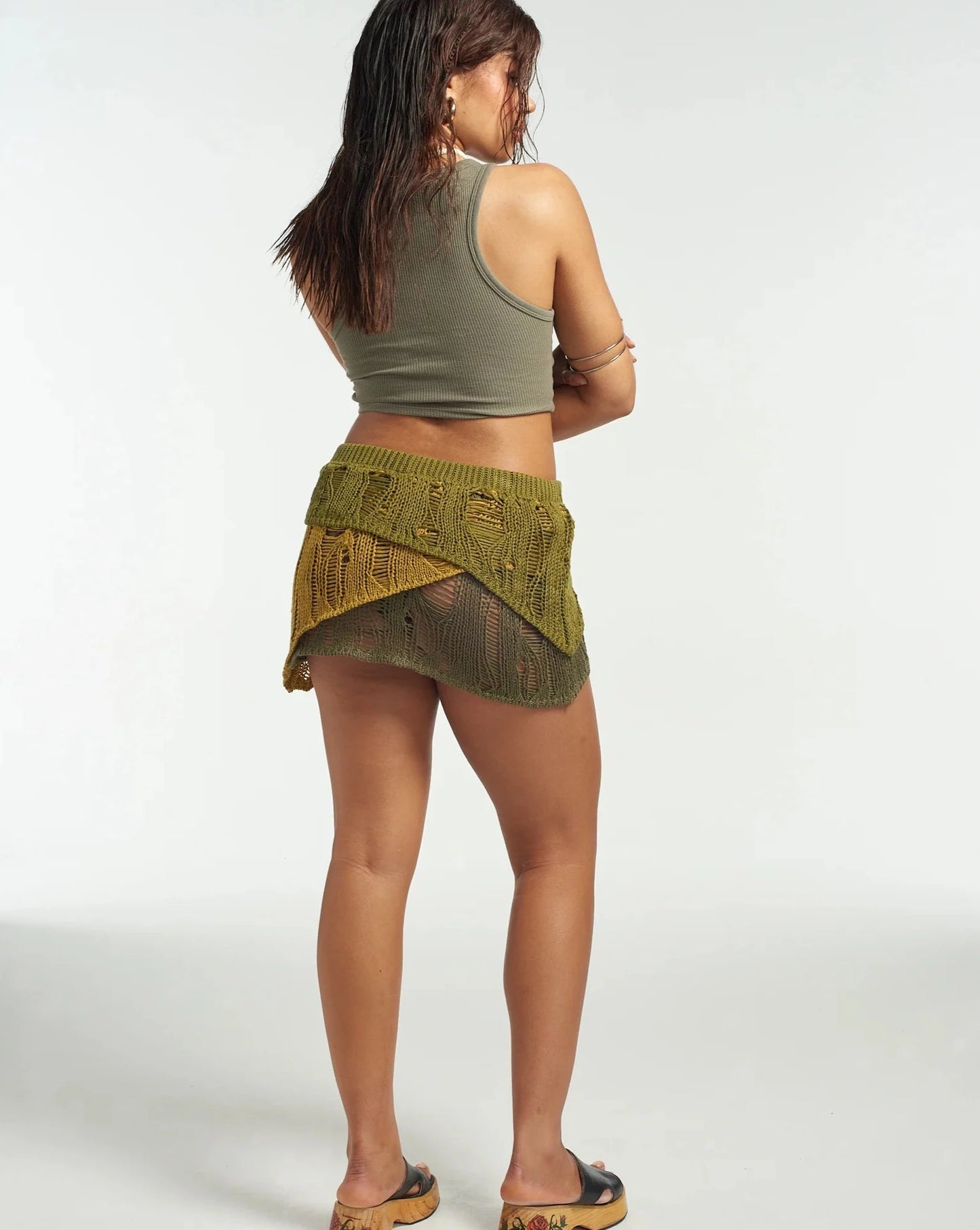 Ivy Layered Ladder Knit Skirt Ragged Jeans