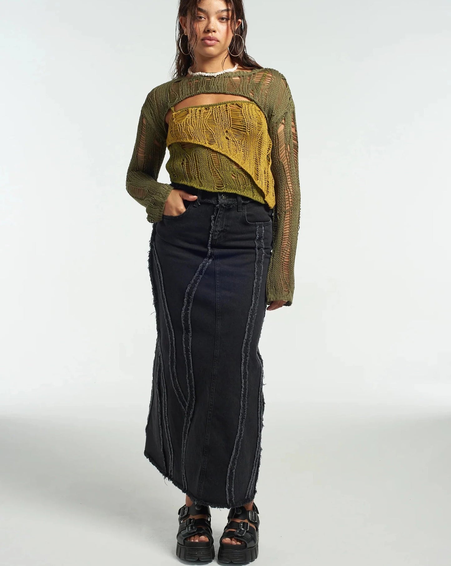 Ivy Layered Ladder Knit Top Ragged Jeans