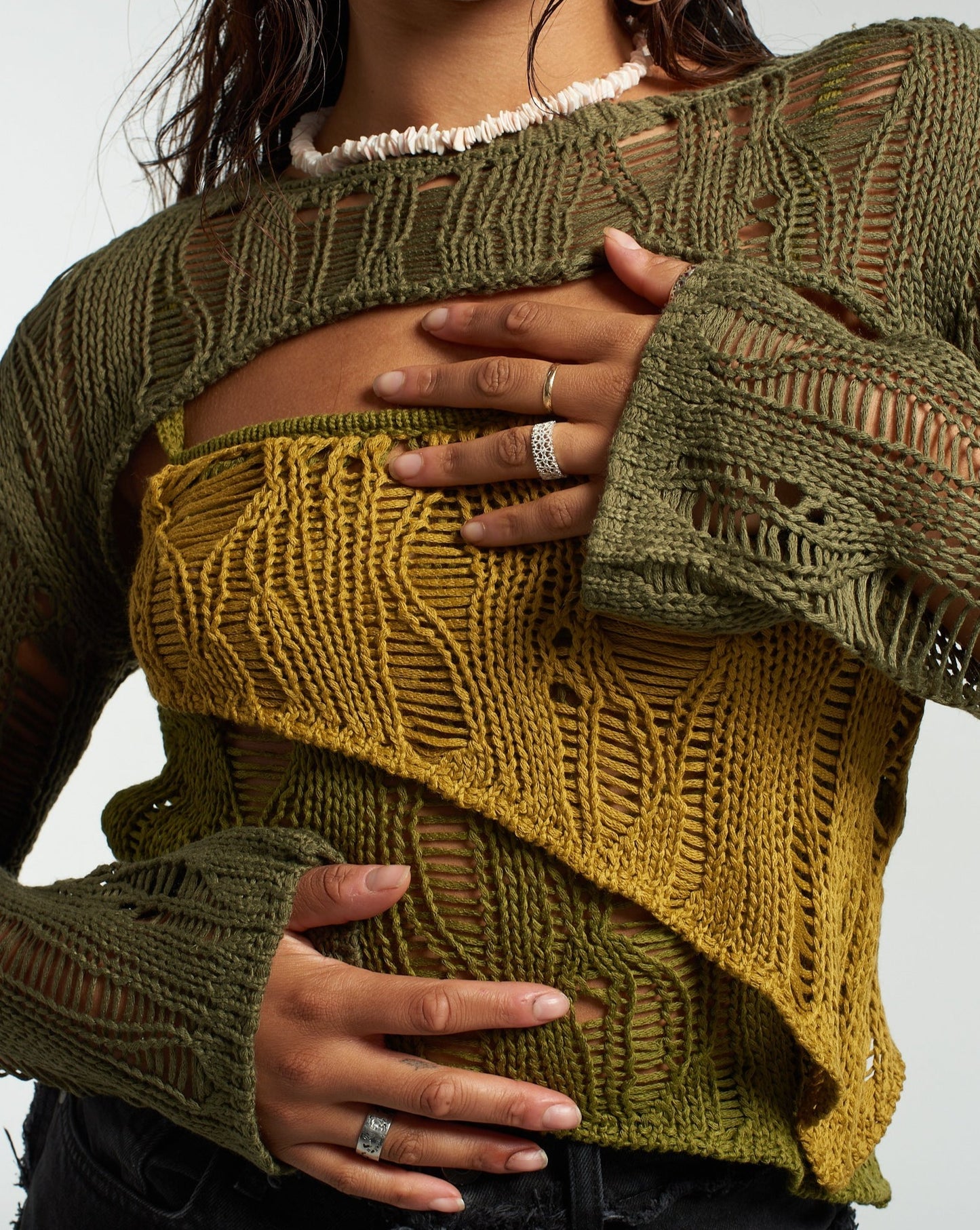 Ivy Layered Ladder Knit Top Ragged Jeans