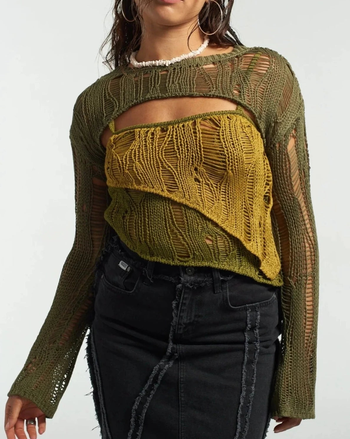 Ivy Layered Ladder Knit Top Ragged Jeans