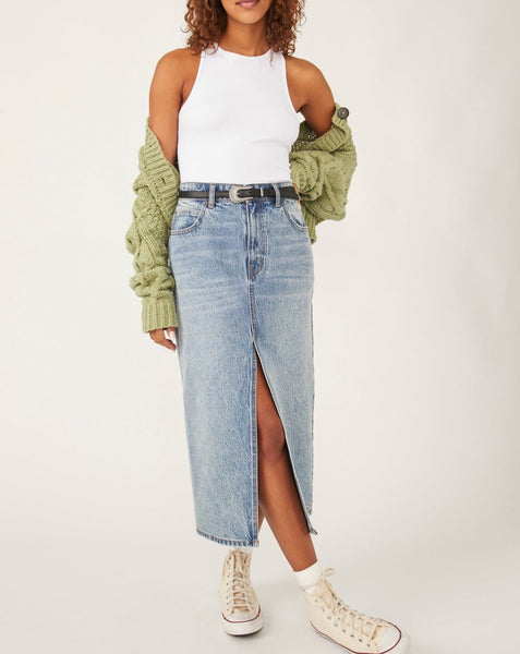 Denim midi hotsell skirt warehouse