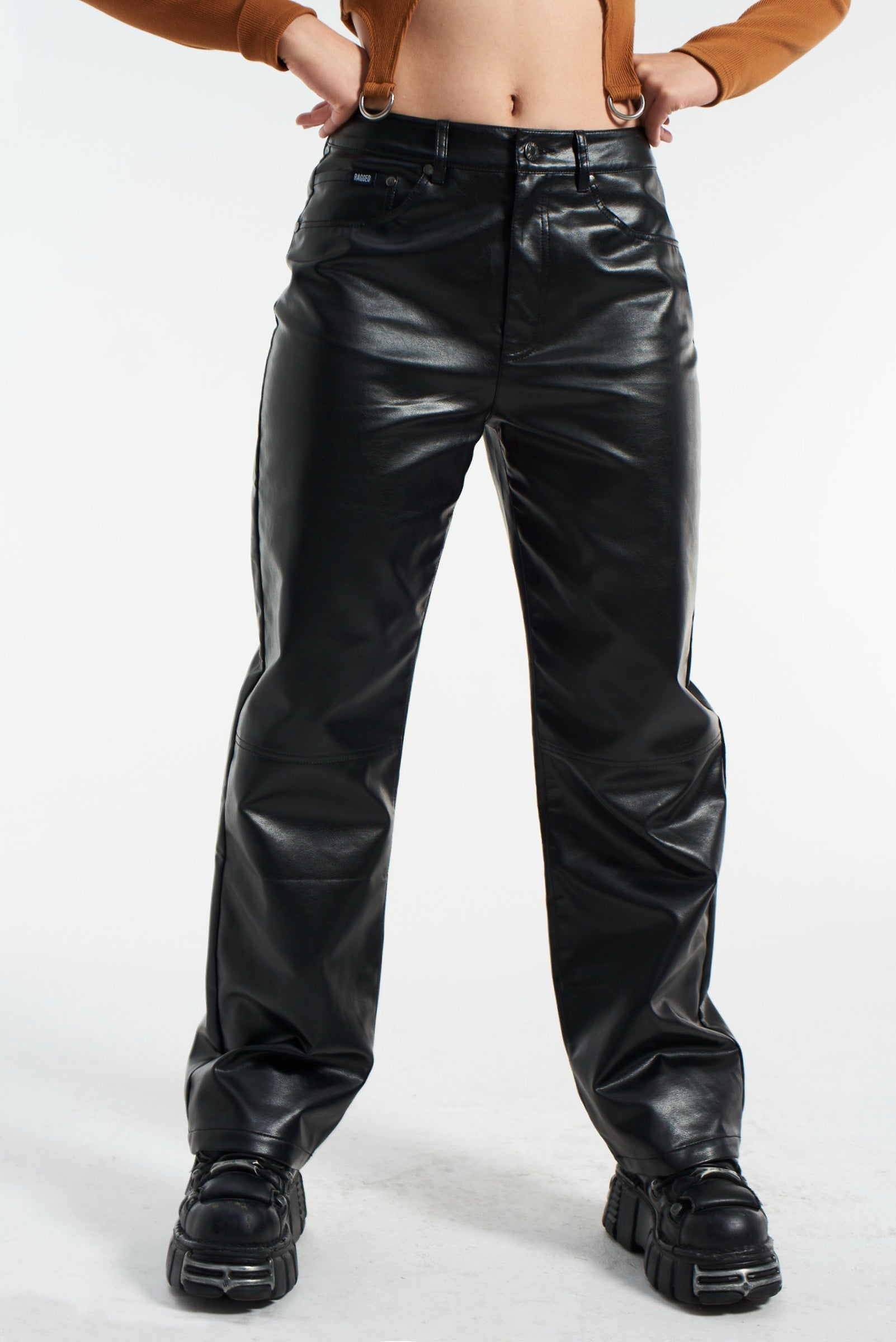 Faux Leather Rider Pant Ragged Jeans
